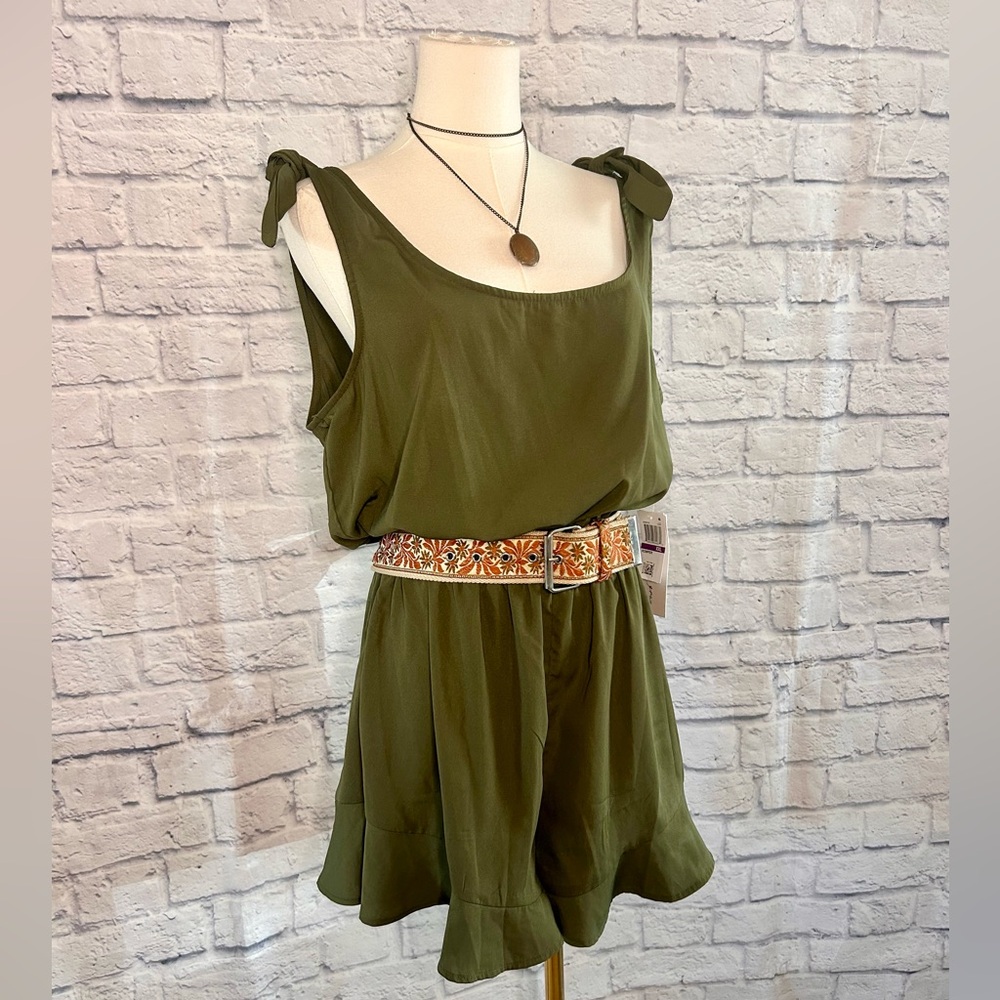 Kingston Grey Olive Green Romper Bows Smocked Waist Casual Weekend Travel Euro